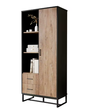 Moderne Highboard Kast – Houtlook en Zwart Frame met Deur, Lades en Open Vakken