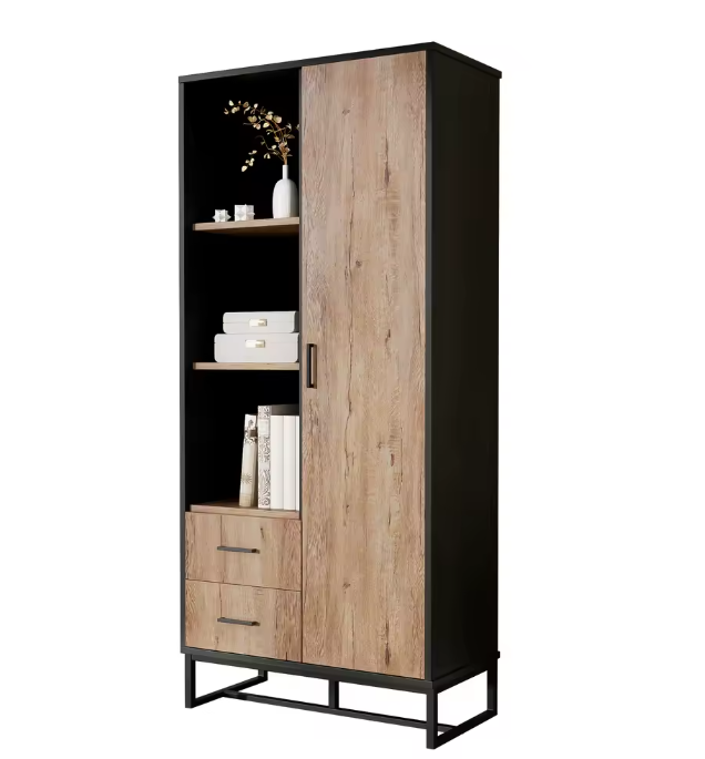 Moderne Highboard Kast – Houtlook en Zwart Frame met Deur, Lades en Open Vakken