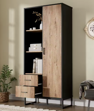 Moderne Highboard Kast – Houtlook en Zwart Frame met Deur, Lades en Open Vakken