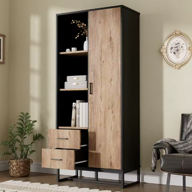 Moderne Highboard Kast – Houtlook en Zwart Frame met Deur, Lades en Open Vakken