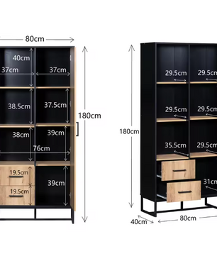 Moderne Highboard Kast – Houtlook en Zwart Frame met Deur, Lades en Open Vakken