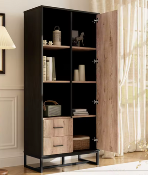 Moderne Highboard Kast – Houtlook en Zwart Frame met Deur, Lades en Open Vakken