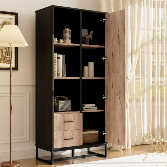 Moderne Highboard Kast – Houtlook en Zwart Frame met Deur, Lades en Open Vakken