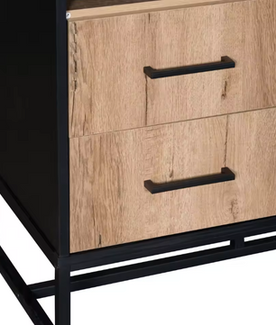 Moderne Highboard Kast – Houtlook en Zwart Frame met Deur, Lades en Open Vakken