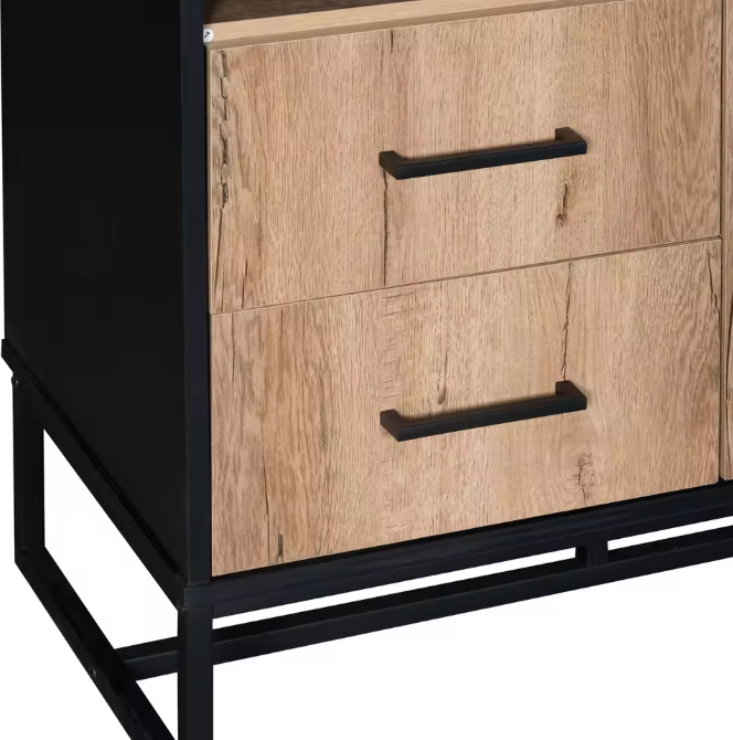 Moderne Highboard Kast – Houtlook en Zwart Frame met Deur, Lades en Open Vakken