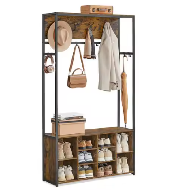 Industriële Kapstok met Schoenenrek – 4-in-1 Wandkapstok en Bank, 100×32×180 cm