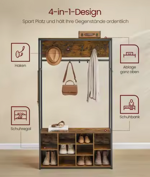 Industriële Kapstok met Schoenenrek – 4-in-1 Wandkapstok en Bank, 100×32×180 cm