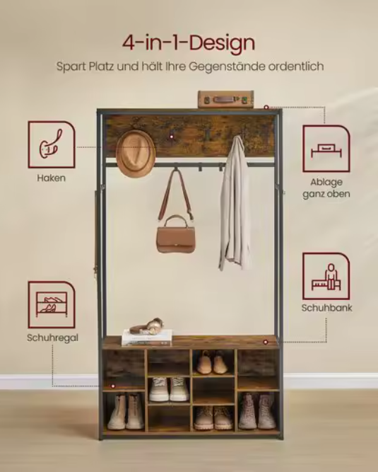 Industriële Kapstok met Schoenenrek – 4-in-1 Wandkapstok en Bank, 100×32×180 cm