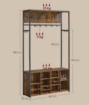 Industriële Kapstok met Schoenenrek – 4-in-1 Wandkapstok en Bank, 100×32×180 cm