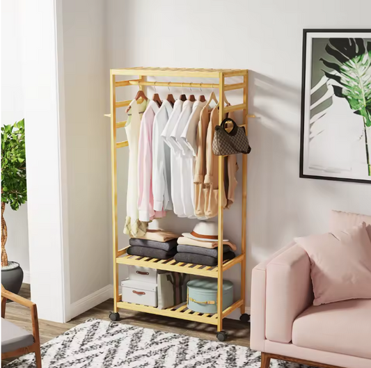 Rollend Bamboe Kledingrek – Open Kledingkast met Plank, Haken en Wielen