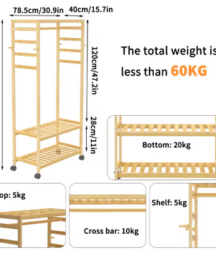Rollend Bamboe Kledingrek – Open Kledingkast met Plank, Haken en Wielen