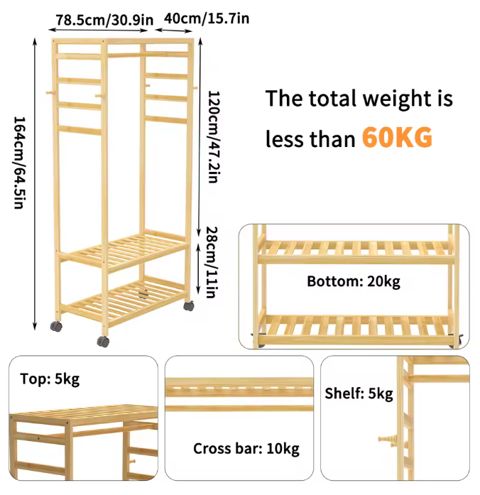 Rollend Bamboe Kledingrek – Open Kledingkast met Plank, Haken en Wielen