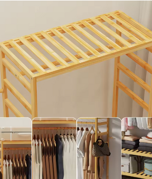 Rollend Bamboe Kledingrek – Open Kledingkast met Plank, Haken en Wielen