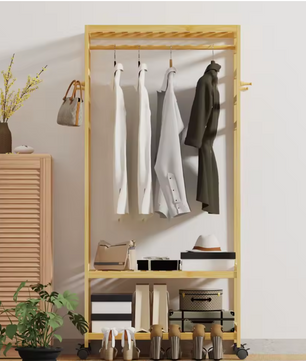 Rollend Bamboe Kledingrek – Open Kledingkast met Plank, Haken en Wielen