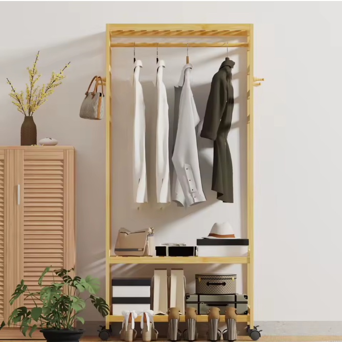 Rollend Bamboe Kledingrek – Open Kledingkast met Plank, Haken en Wielen