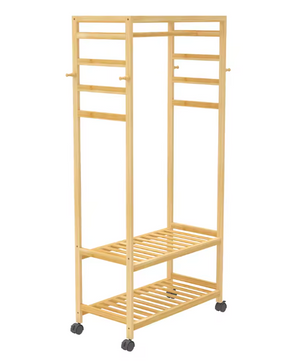 Rollend Bamboe Kledingrek – Open Kledingkast met Plank, Haken en Wielen