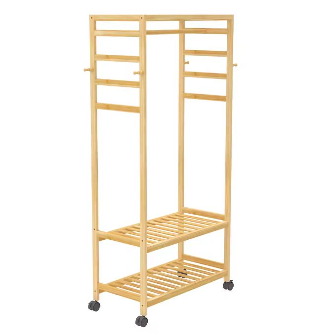 Rollend Bamboe Kledingrek – Open Kledingkast met Plank, Haken en Wielen