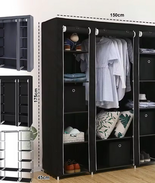 Draagbare Garderobe – Niet-Geweven Stof Kledingkast met Opbergplanken (150×45×175 cm)