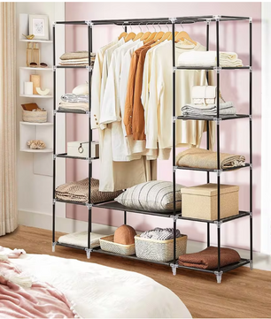 Draagbare Garderobe – Niet-Geweven Stof Kledingkast met Opbergplanken (150×45×175 cm)