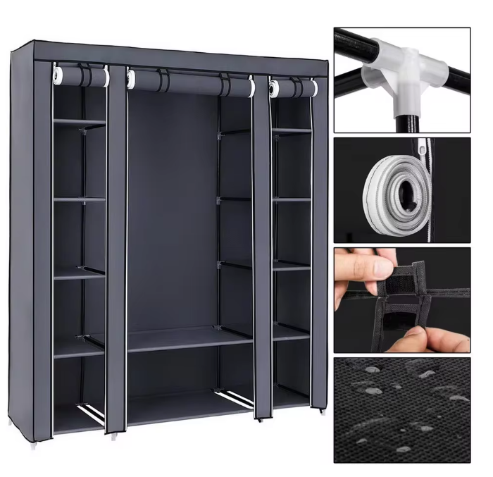 Draagbare Garderobe – Niet-Geweven Stof Kledingkast met Opbergplanken (150×45×175 cm)