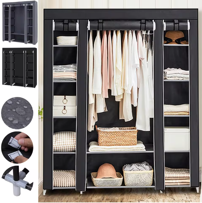 Draagbare Stoffen Kledingkast met Opbergplanken – 150×45×175 cm