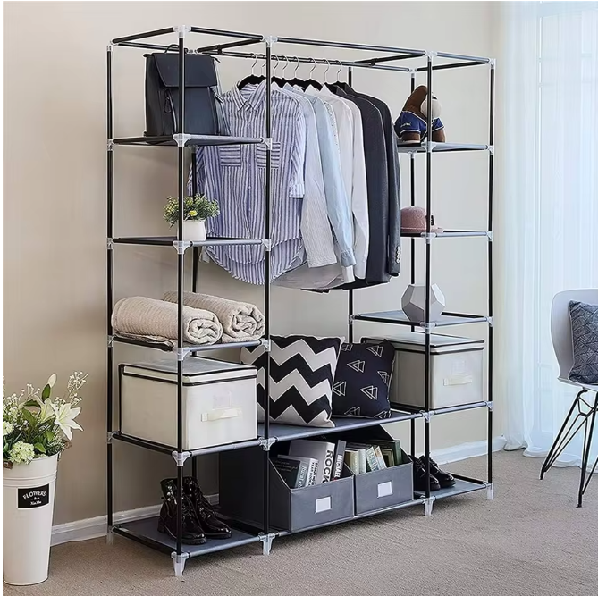 Draagbare Stoffen Kledingkast met Opbergplanken – 150×45×175 cm