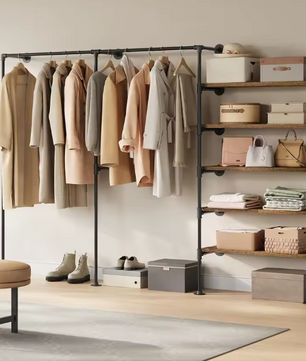 Wandgemonteerde Open Kledingkast – Industrieel Kledingrek met MDF-Planken