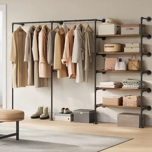 Wandgemonteerde Open Kledingkast – Industrieel Kledingrek met MDF-Planken