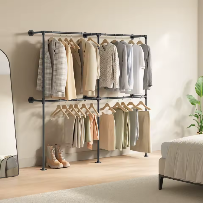 Wandgemonteerde Open Kledingkast – Industrieel Kledingrek met MDF-Planken