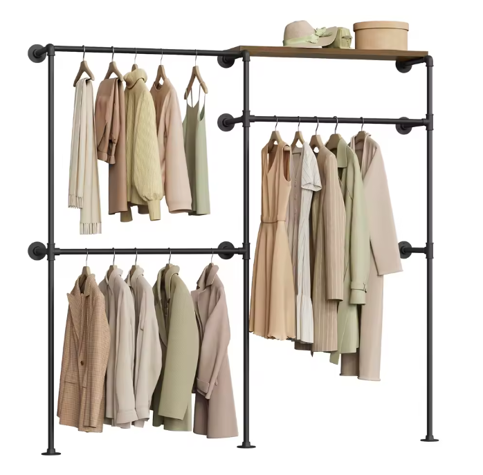 Wandgemonteerde Open Kledingkast – Industrieel Kledingrek met MDF-Planken