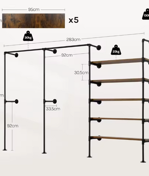 Wandgemonteerde Open Kledingkast – Industrieel Kledingrek met MDF-Planken