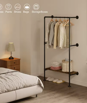 Wandgemonteerde Kledingkast – Industrieel Kledingrek met MDF Plank en Stalen Buis