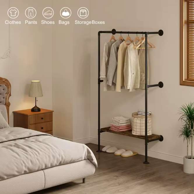 Wandgemonteerde Kledingkast – Industrieel Kledingrek met MDF Plank en Stalen Buis