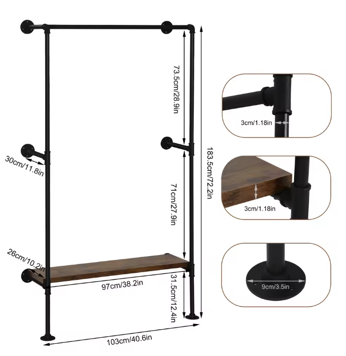 Wandgemonteerde Kledingkast – Industrieel Kledingrek met MDF Plank en Stalen Buis
