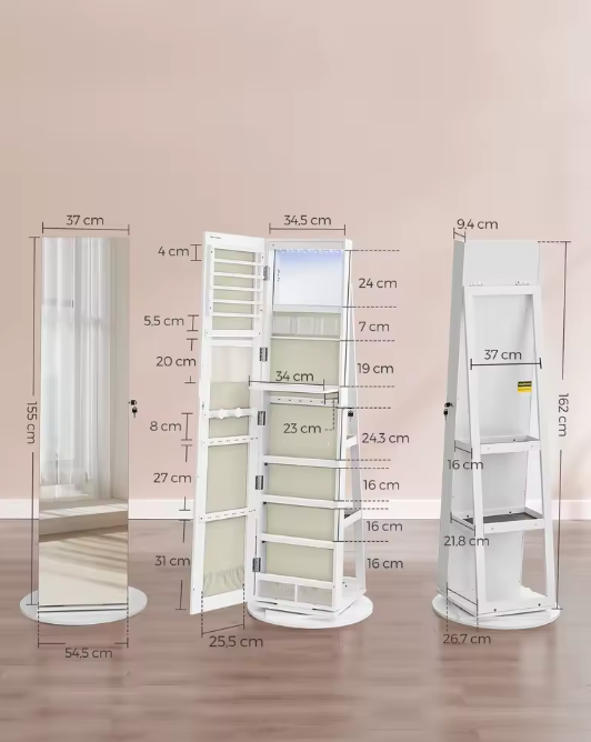Sieradenkast met LED en Spiegel – 360° Draaibaar met Planken