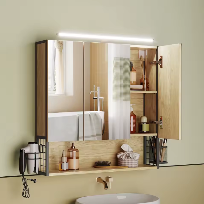 Badkamer Spiegelkast – Wandkast met Verlichtingskabel en Opbergruimte