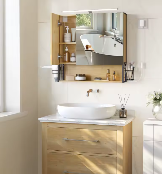 Badkamer Spiegelkast – Wandkast met Verlichtingskabel en Opbergruimte