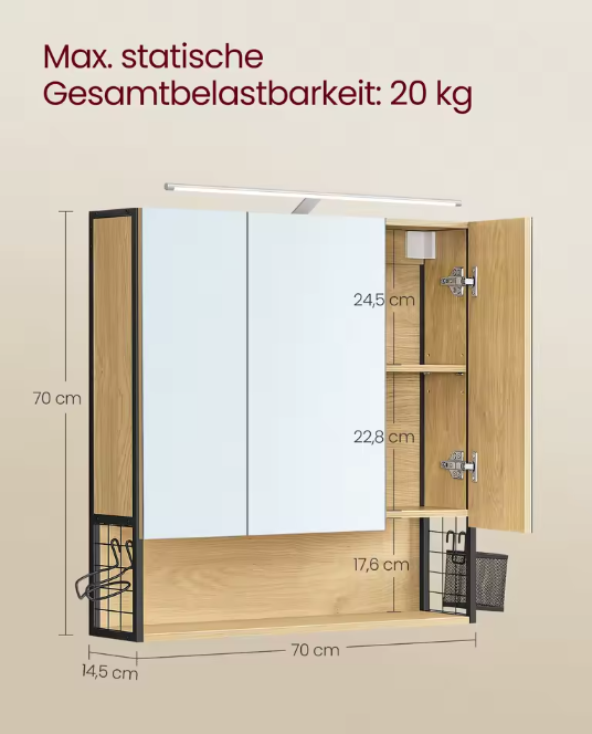 Badkamer Spiegelkast – Wandkast met Verlichtingskabel en Opbergruimte