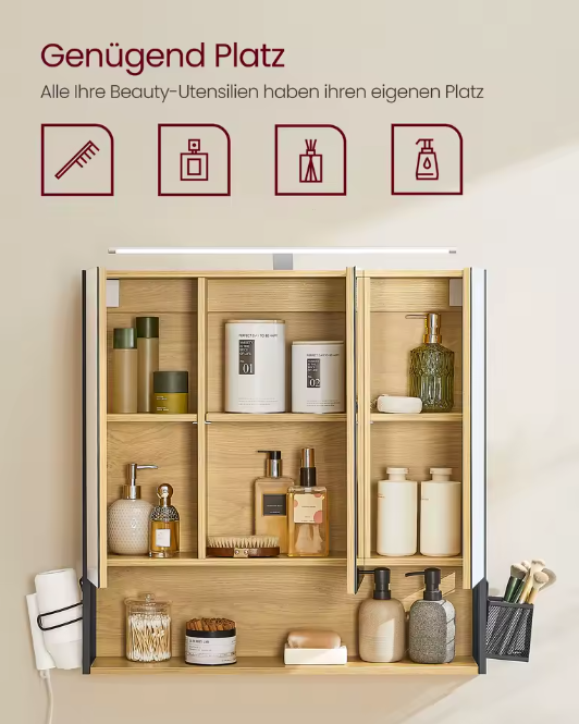 Badkamer Spiegelkast – Wandkast met Verlichtingskabel en Opbergruimte