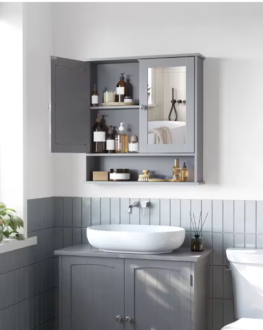 Badkamer Spiegelkast – 2 Spiegeldeuren en Verstelbare Plank