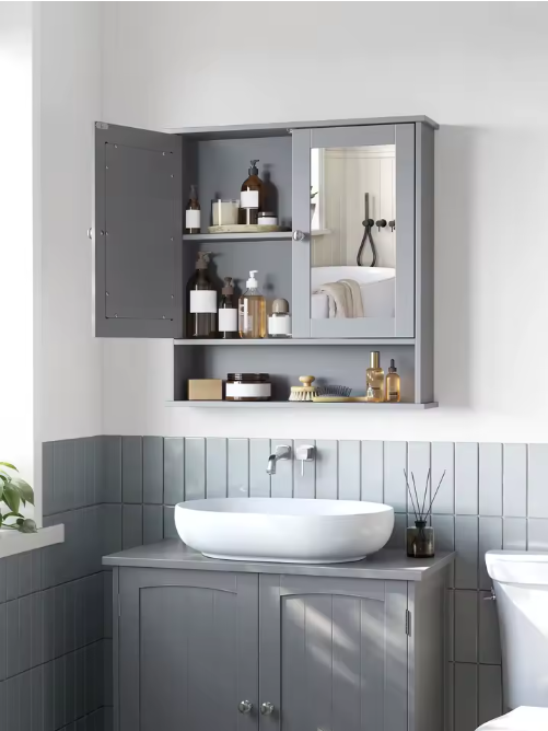 Badkamer Spiegelkast – 2 Spiegeldeuren en Verstelbare Plank