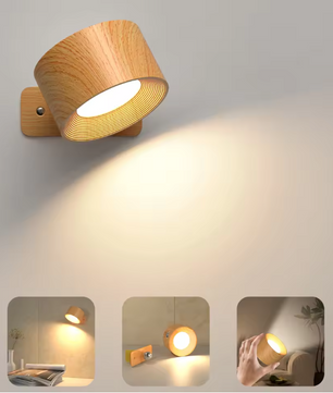 Houten LED Wandlamp – 360° Draaibaar & Oplaadbaar met Touch Dimming
