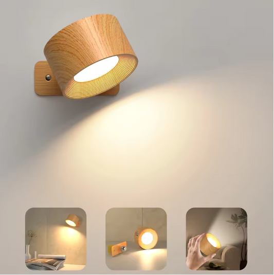 Houten LED Wandlamp – 360° Draaibaar & Oplaadbaar met Touch Dimming