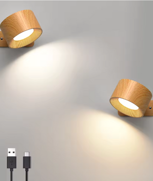 Houten LED Wandlamp – 360° Draaibaar & Oplaadbaar met Touch Dimming