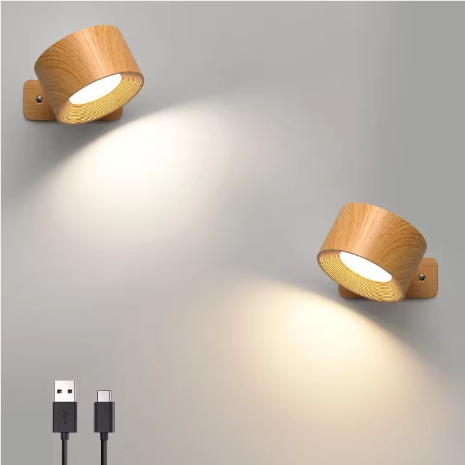Houten LED Wandlamp – 360° Draaibaar & Oplaadbaar met Touch Dimming