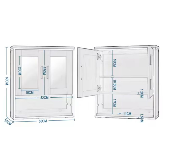Hangende Badkamerkast met 2 Spiegels – Wandkast met Verstelbare Planken