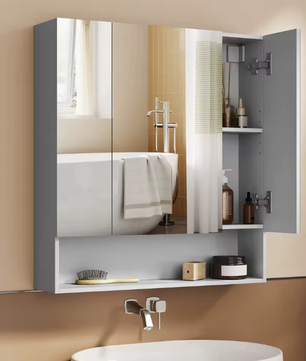 Badkamer Spiegelkast met 3 Deuren – Wandkast met Open Vakken en Verstelbare Planken