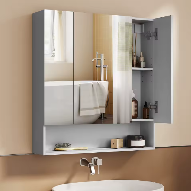 Badkamer Spiegelkast met 3 Deuren – Wandkast met Open Vakken en Verstelbare Planken