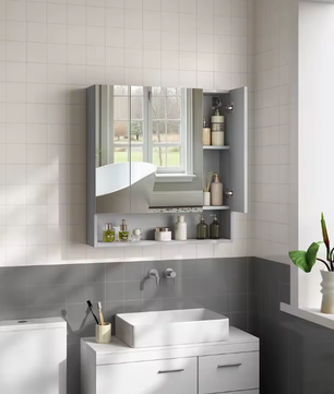 Badkamer Spiegelkast met 3 Deuren – Wandkast met Open Vakken en Verstelbare Planken