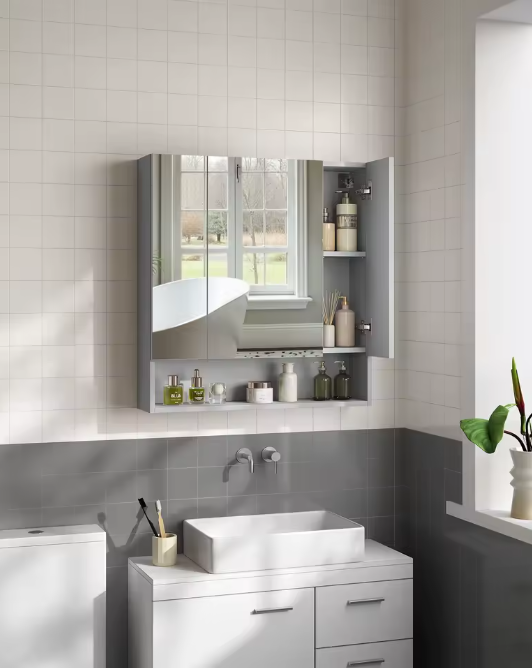 Badkamer Spiegelkast met 3 Deuren – Wandkast met Open Vakken en Verstelbare Planken